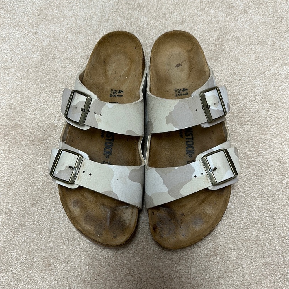Slightly worn Birkenstock Arizona style camo color